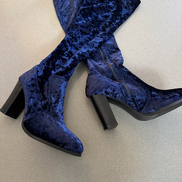 Blue Velvet Knee-High Boots - Picture 2 of 14